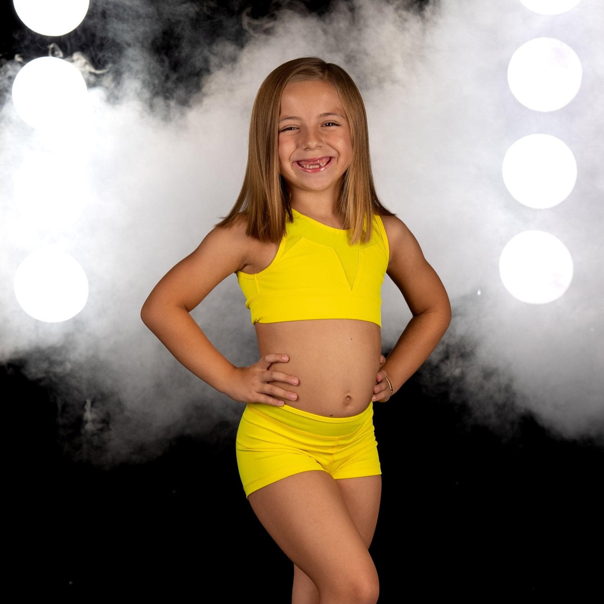 Vibrant sunshine yellow demi top elegant for kids dance wear